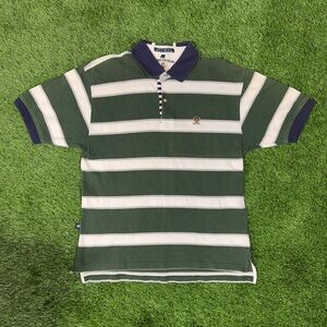 VTG 90's Tommy Hilfiger Crest Logo Off White Dark Green Striped Polo Shirt - L